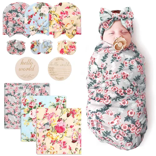Miniatura 29 de DRESHOW BQUBO Manta de Recepción para Recién Nacido con Conjunto de Gorro con Lazo Estampado de Flores Manta Envolvente para Bebé con Gorro 1 juego