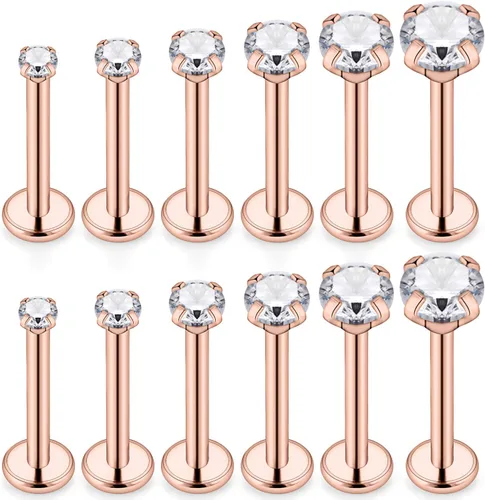 Miniatura 5 de SCERRING - 6 pares de joyería para piercing de acero inoxidable 16 g con configuración de puntas, circonita cúbica transparente con rosca interna