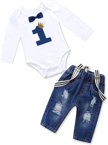 Miniatura 56 de Conjunto de ropa de cumpleaños para bebé niño pequeño, con tirantes, pantalones de mezclilla rasgados