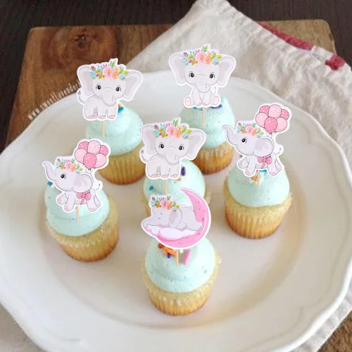 Miniatura 6 de Paquete de 24 decoraciones para cupcakes de elefante Oh Baby con purpurina para decoración de cupcakes de elefante Oh Baby Baby para cumpleaños