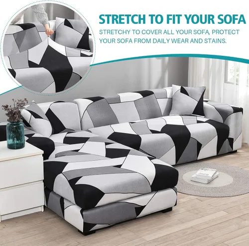 Miniatura 4 de LiveGo Funda de sofá en forma de L, 2 piezas, elástica y elástica de 3 plazas, protector de muebles con 4 fundas de almohada para sala de estar