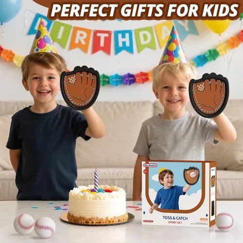 Miniatura 8 de Wee Wonders Juego de pelotas para lanzar y atrapar, guantes de béisbol para niños pequeños que incluye 2 paletas y 3 bolas adhesivas, juego de Marrón