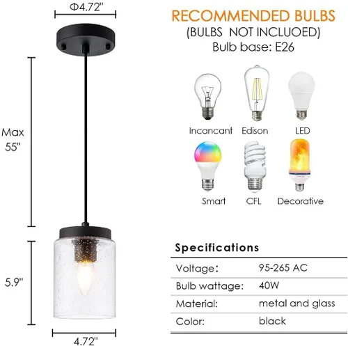 Miniatura 6 de Mini lámpara colgante industrial moderna de vidrio con semillas de burbujas, cilindro de iluminación colgante de cable ajustable para isla