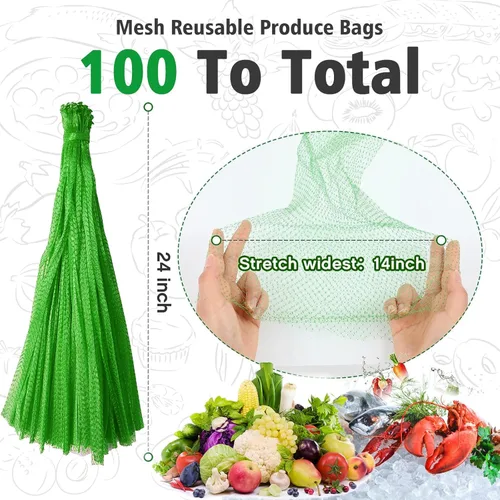 Miniatura 3 de 100 piezas de bolsas de malla reutilizables para productos, bolsa de malla para cebollas y frutas y bolsa para hervir mariscos, bolsas de Verde
