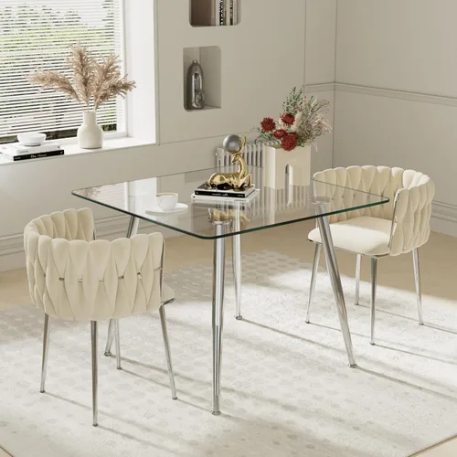 Juego de mesa de comedor de cristal plateado para 2, juego de mesa cuadrada de lujo moderno de 36 pulgadas, juego de mesa de cocina minimalista de 3