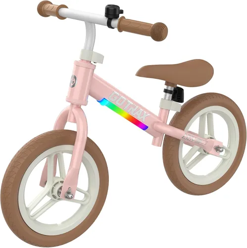 Gotrax KS12 Bicicleta de equilibrio para niños de 2 a 5 años, bicicleta de empuje de 12 pulgadas con luz LED, asiento y manubrio ajustables, Rosa