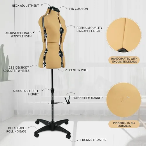 Miniatura 5 de Maniquí de forma de vestido ajustable de cúrcuma para coser mujeres tallas 6-14, cuerpo de modelo pinable con 13 diales, ruedas desmontables, rango