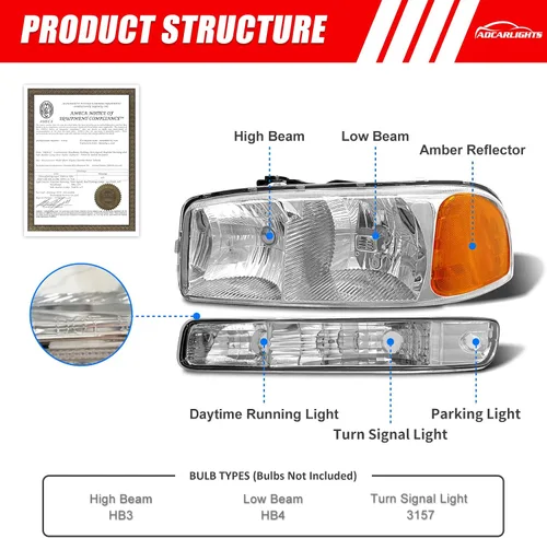 Miniatura 4 de Par de montaje de faros delanteros para GMC Sierra 1999-2006 1500 2500 3500 2000-2006 Yukon lente transparente cromado carcasa ámbar reflector