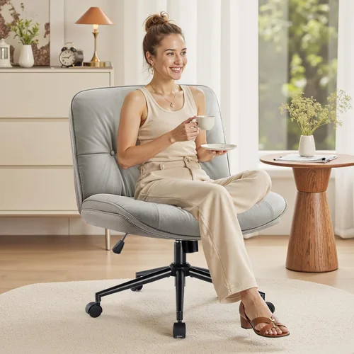 Miniatura 11 de OLIXIS Silla Criss Cross con Ruedas Sin Brazos Ancha de Patas Cruzadas Silla de Escritorio de Oficina de Tocador con Cómoda Piel Sintética PU