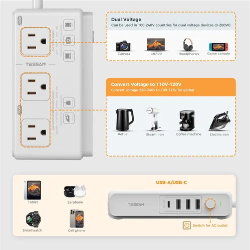 Miniatura 4 de TESSAN Convertidor de voltaje de 220V a 110V para viajes con 4 puertos USB (1 USB C), 3 tomas de corriente AC y adaptador de corriente internacional