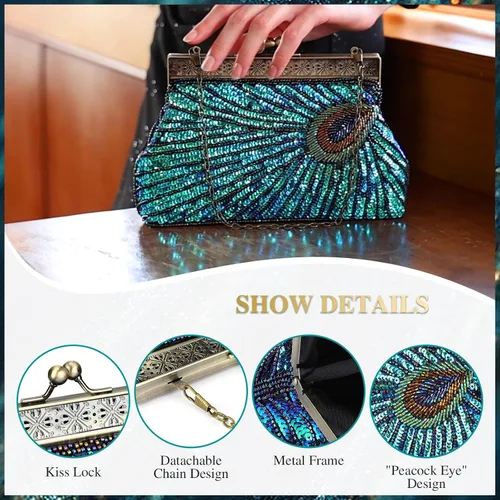 Miniatura 5 de UBORSE Bolsos de embrague de noche de pavo real con lentejuelas con cuentas Bolso de noche vintage Bolso de boda de fiesta de 1920