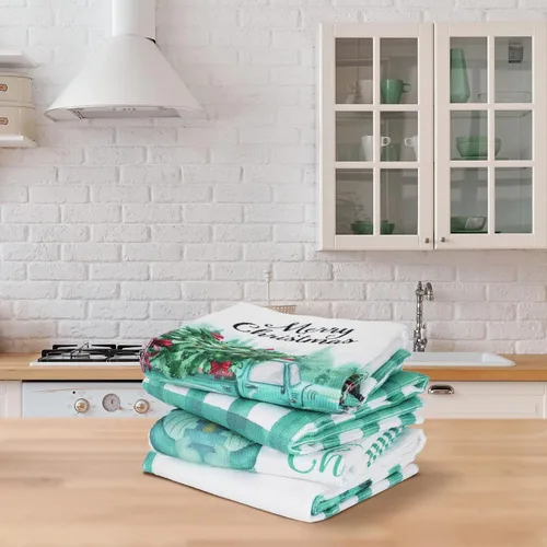 Miniatura 6 de Kajaia 4 paños de cocina y paños de cocina de Navidad verde azulado con diseño de gnomo de camión de Navidad de búfalo azul, toallas de mano azul