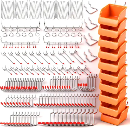 HORUSDY Kit surtido de 238 ganchos para tablero de clavijas, 16 tipos de accesorios resistentes con contenedores, se adapta a ganchos de metal para