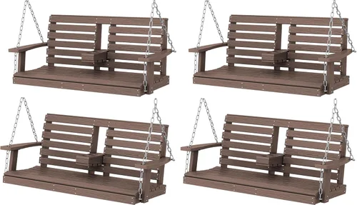 Miniatura 58 de KINGYES Columpio colgante para porche al aire libre, silla de columpio de patio de 2 asientos con portavasos, banco impermeable para patio y jardín