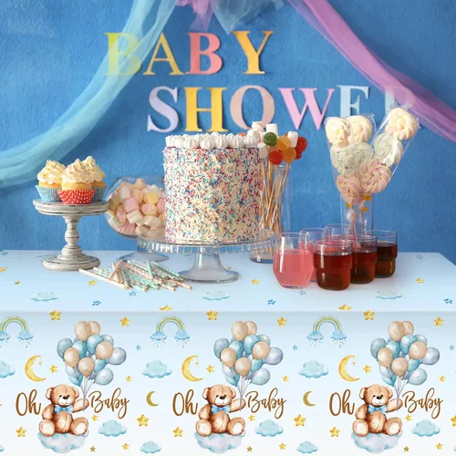 Miniatura 5 de Tatuo Paquete de 3 manteles rectangulares de plástico con diseño de oso para baby shower, para niños y niñas, revelación de género, cumpleaños, baby