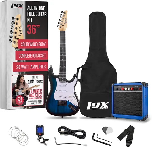 Miniatura 8 de LyxPro - Guitarra eléctrica de 36 pulgadas y kit para niños con guitarra de tamaño 3/4 para principiantes, amplificador, seis cuerdas, dos púas