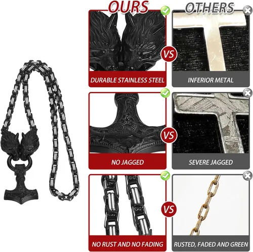 Miniatura 6 de OIDEA Viking Mjolnir Necklace for Men with Wolf Head King Chain, Stainless Steel Viking Amulet Thors Hammer Necklace Norse Pagan Jewelry,22 inch