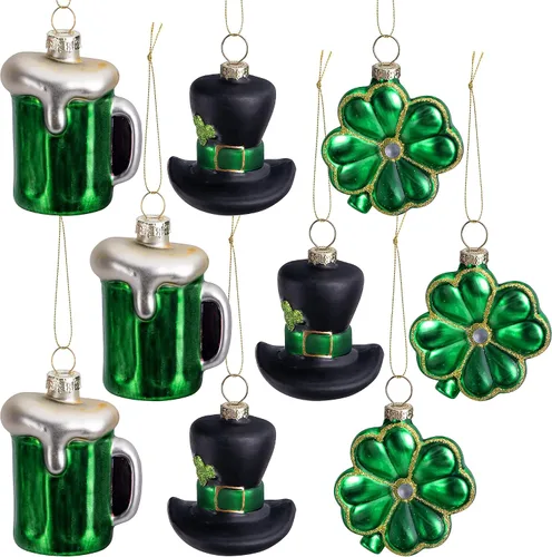 9 adornos de cristal para el día de San Patricio, Irlanda verde con sombrero de trébol de San Patricio, adornos colgantes de cerveza, adornos de