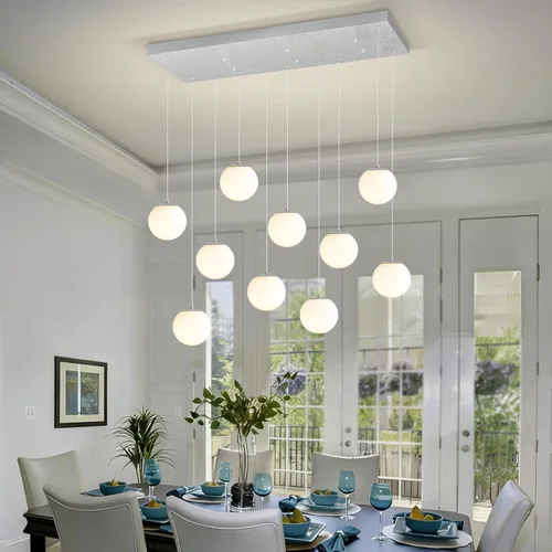 Miniatura 19 de ykolupty Escalera LED de 10 luces LED moderna con globo de cristal, lámpara colgante grande para techos altos, accesorios de iluminación de entrada