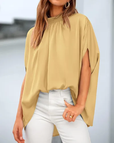 Miniatura 106 de BTFBM Blusas de verano para mujer, cuello alto falso, manga murciélago, holgadas, dobladillo alto y bajo, blusas informales de gran
