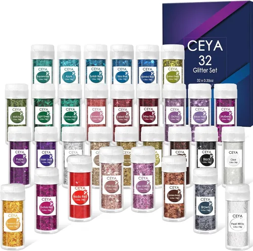 Ceya Juego de purpurina gruesa de 32 colores, 11.28 onzas/11.29 oz de purpurina para manualidades en polvo mezclado con copos gruesos y finos cada