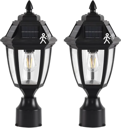 Paquete de 2 luces solares para poste con sensor de movimiento, sin base de montaje en muelle, lámpara de poste impermeable con energía solar para