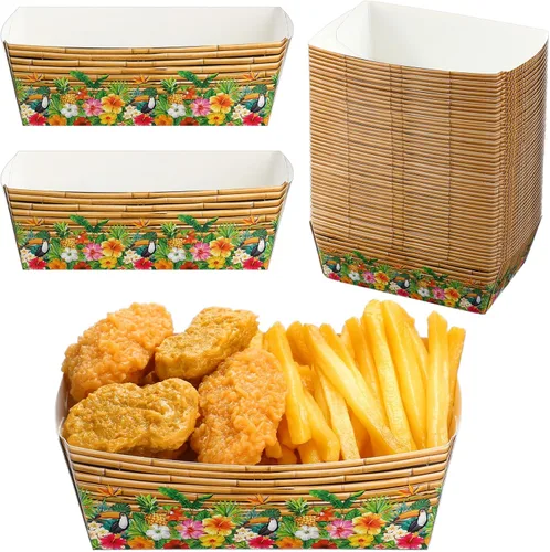 Miniatura 9 de Blulu Paquete de 50 bandejas de papel desechables para decoración de fiestas hawaianas, bandeja para nachos Aloha Nacho, soporte para alimentos