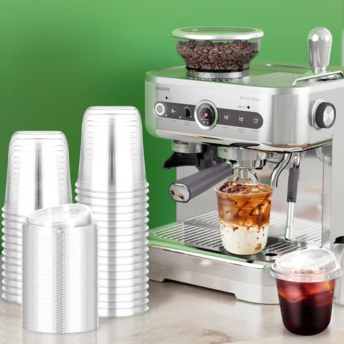 Miniatura 4 de 50 piezas de vasos de plástico para café con tapas con asa, vasos desechables de plástico PET transparente con tapas sin pajita para café helado