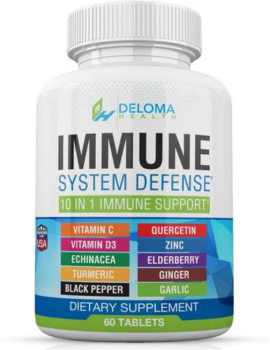 Suplemento de apoyo del sistema inmunológico 10 en 1: vitamina C (1000 mg), quercetina, vitamina D3 (5000iu), zinc (40 mg), saúco, equinácea,