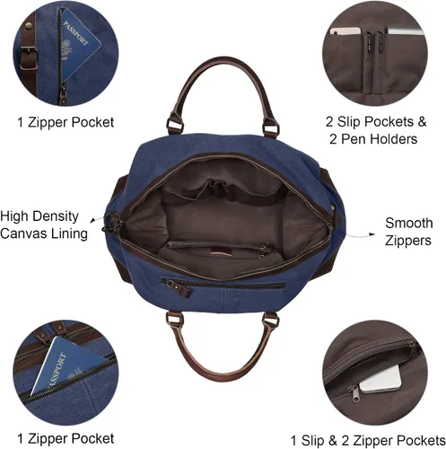 Miniatura 35 de S-ZONE - Bolsa de viaje de lona sobredimensionada con adornos de cuero genuino, bolsa deportiva de hombro de fin de semana, bolso de fin de semana