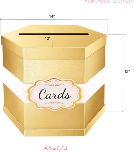 Miniatura 6 de ROSEGLD Caja de tarjetas, caja de recepción de tarjetas con cinta de 14 x 12 x 12 pulgadas, elegante soporte para tarjetas para bodas, graduaciones