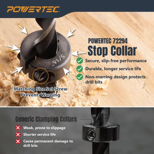 Miniatura 3 de POWERTEC Juego de collar de tope de broca, juego de 7 piezas de tapón de profundidad de broca ajustable con llave Allen, tope de brocas con marcas
