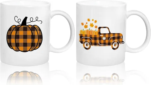 Whaline 2 tazas de café de otoño de 12 onzas con diseño de búfalo a cuadros, calabaza, camión, tazas de café de cerámica para parejas, Acción de