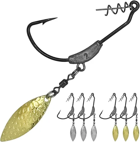 Ganchos de natación con peso, 6 anzuelos Underspin Swimbait con Twistlock, ganchos de manivela con peso con cuchillas giratorias doradas/plateadas