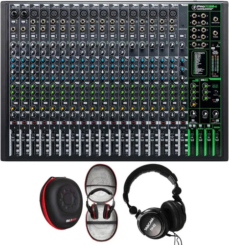 Mackie ProFX22v3 Mezclador de efectos profesionales de 22 canales con paquete USB con Tascam Auriculares profesionales cerrados y estuche rígido