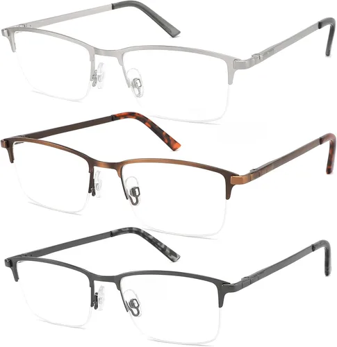 Miniatura 8 de 3-Pack Reading Glasses for Men Blue Light Blocking Fashion Metal Half Wide Frame Readers Semi Rimless Eyeglasses