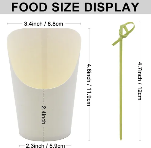 Miniatura 2 de BLUE TOP 30 tazas de papel blanco de 14 onzas con 100 púas de nudo de bambú de 4.7 pulgadas para aperitivos y frutas Púas de brocheta de nudo