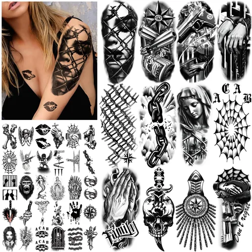 Miniatura 9 de Tatuajes temporales para adultos, manga completa, tatuajes falsos tradicionales de la vieja escuela, tatuajes de rosas de flores para mujeres