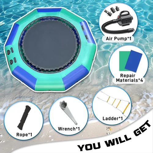 Miniatura 4 de Trampolín inflable de agua para lago, trampolín flotante de agua de 10 pies/12 pies para adultos, plataforma de natación portátil con bomba