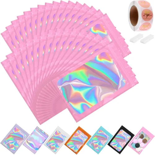 Miniatura 10 de Paquete de 150 bolsas holográficas de Mylar de 5 x 8 pulgadas con ventana transparente, pequeñas bolsas de papel de aluminio resellables
