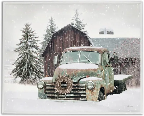 Stupell Industries Camión rural vintage y granero paisaje nevado de invierno, diseño de Lori Deiter, marco blanco, 11 x 14 pulgadas | Stupell