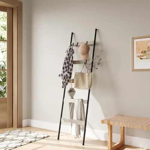 Miniatura 6 de ELYKEN Escalera de Mantas para Sala de Estar, Soporte de Edredón de 5 Niveles de Estilo Granja con 4 Ganchos Removibles para Baño, Estante de Roble