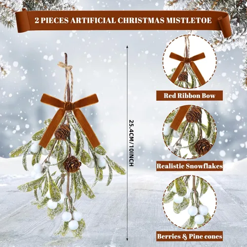 Miniatura 2 de Giegxin 1 pieza Adorno de Navidad Artificial de Muérdago Colgante con Lazo Rojo Bouquet de Adornos Colgantes de Navidad Floral con Piñas Naturales
