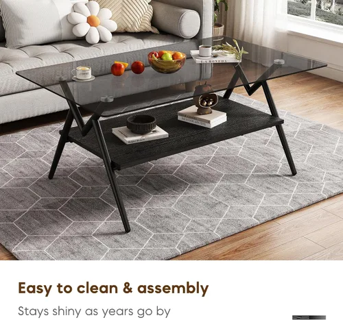 Miniatura 7 de Mesa auxiliar rectangular contemporánea de cristal con patas de metal cruzadas en ángulo para sala de estar, elegante mesa auxiliar de vidrio