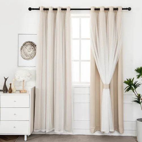 Miniatura 17 de INLINAS Cortinas opacas beige con superposición transparente, paneles térmicos y de reducción de ruido con ojales en la parte superior