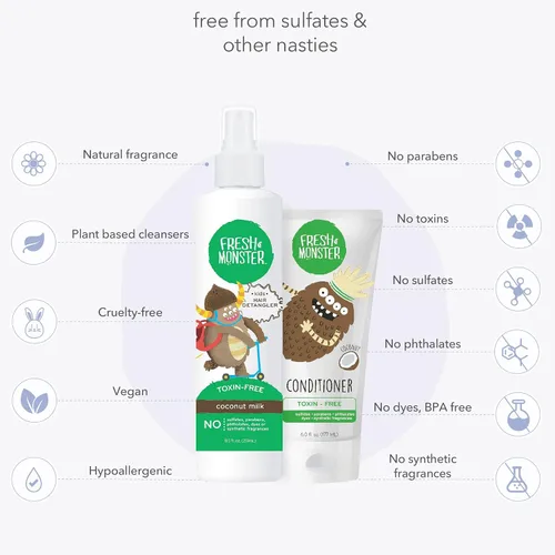 Miniatura 4 de Fresh Monster Paquete desenredante de cabello para niños, desenredante de 8.5 onzas y acondicionador de 6 onzas, sin toxinas, hipoalergénico