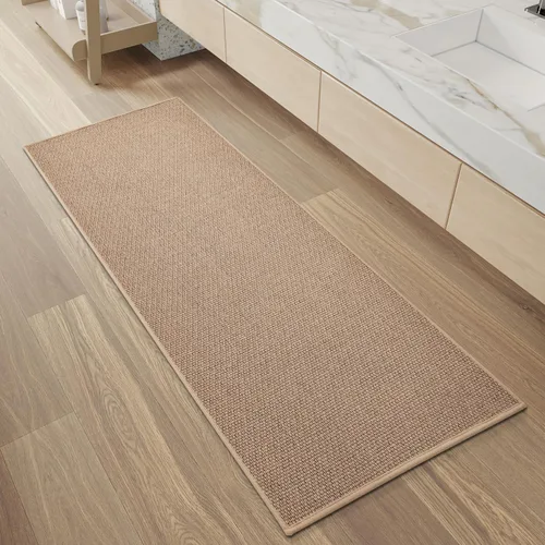 Miniatura 10 de PADOOR Alfombra de baño antideslizante con parte trasera de goma, trenzada absorbente, lavable a máquina, fina alfombra para suelo de baño, de Beige