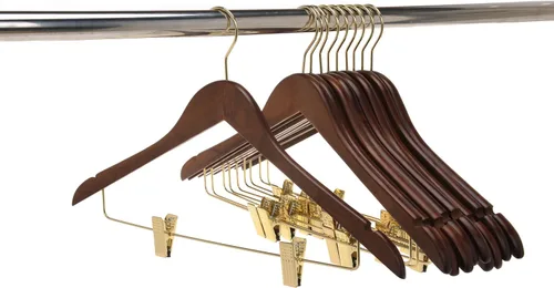 Miniatura 7 de Perchas de madera de calidad para faldas con clips, paquete de 20 perchas de nogal para pantalones con clips de metal dorado ajustables, gancho