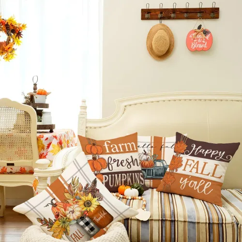 Miniatura 7 de GEEORY Juego de 4 fundas de almohada de otoño de 18 x 18 pulgadas, diseño de calabazas y tarros de masón, decoración agradecida, fundas de cojín