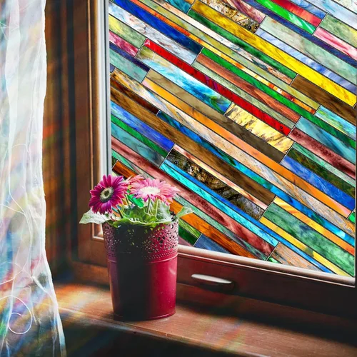 Miniatura 11 de Lámina de privacidad para ventana Windimiley con diseño de vidrio manchado: adhesivo estático decorativo floral 3D arcoíris con control de calor